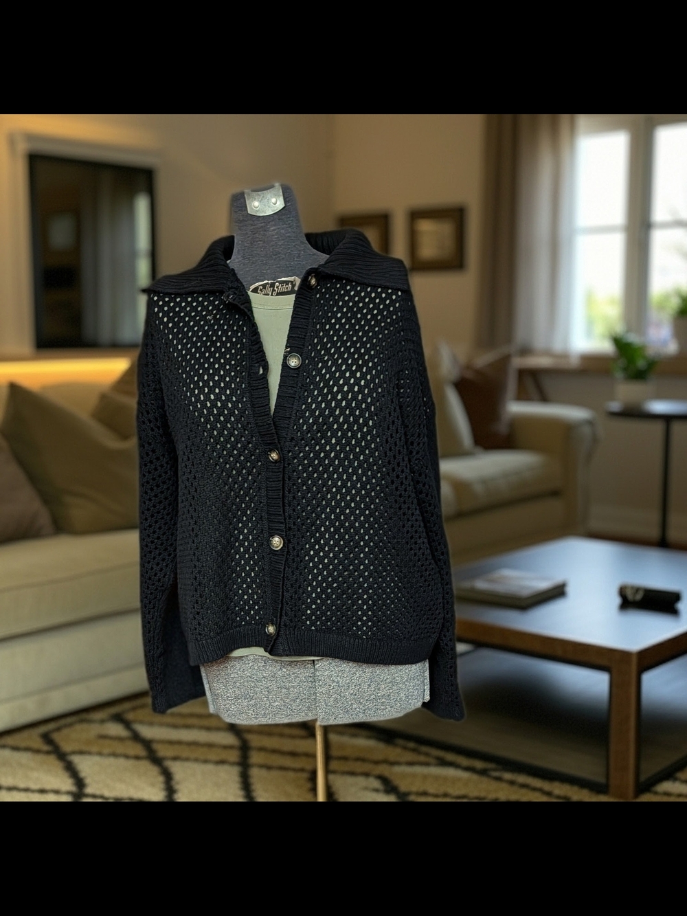 Maurices Black Open Stitch Collared Mesh Cardigan Sweater XL 2024 Cotton Blend